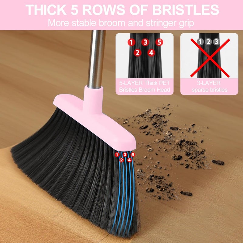 BSKLIN Broom and Dustpan Set Pink, Broom with Dustpan Combo Set for Home 52-in Long Adjustable Handle Dustpan Teeth to Clean Hair for Home Office Kitchen Lobby - Image 4